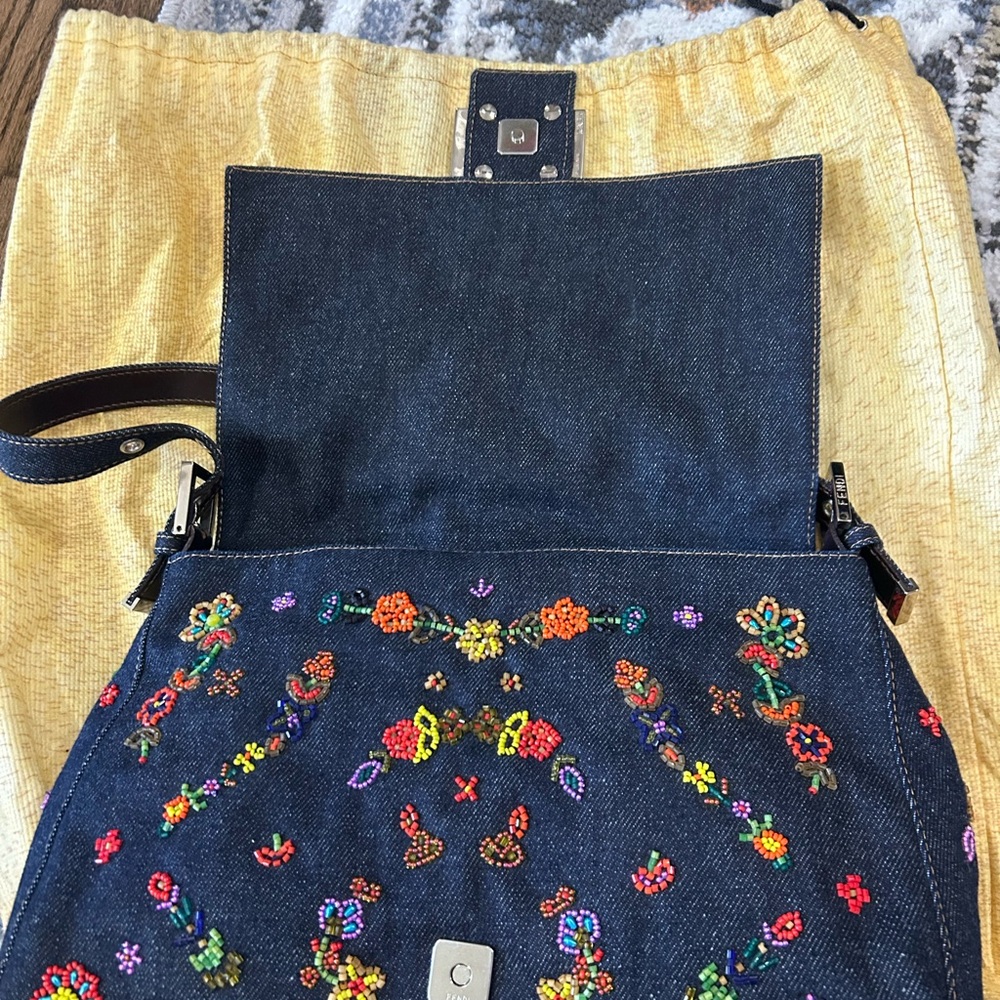 Fendi Navy Denim Shoulder Bag with Multicolor Floral Embroidery- FIRM PRICE - Picture 5 of 8